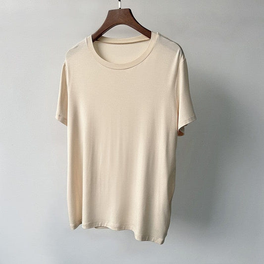 SZMPH-Apricot-M Thin round neck solid color bamboo fiber stretch T-shirt